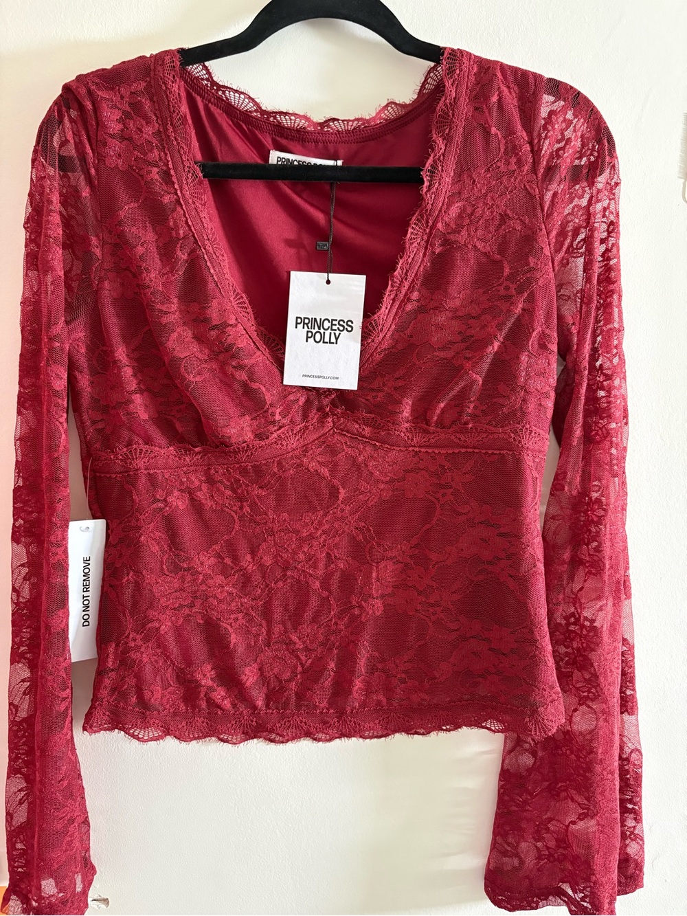 Princess Polly Red Lace V-Neck Long Sleeve Top
